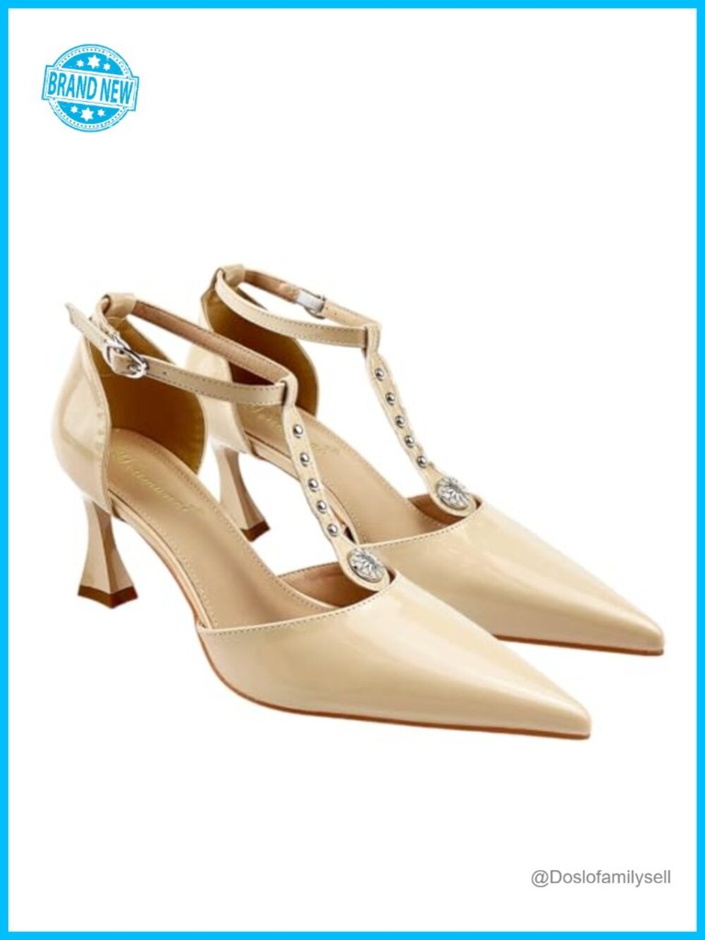 Women's Patent Faux Leather T-Strap Block Heel Dress Pumps Studded Ankle Strap